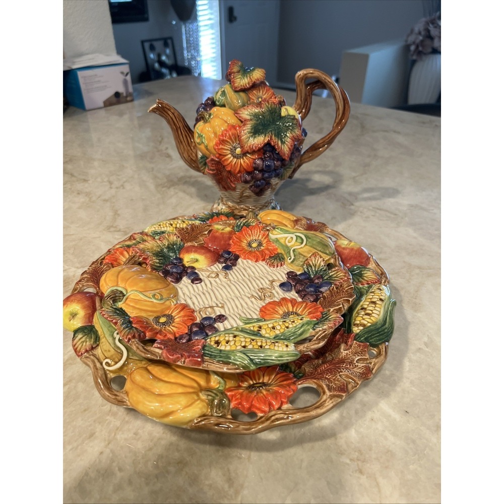 Vintage  Fitz & Floyd Autumn Bounty Canapé 3 Piece Set 2 Plates 12.5 & 9" Teapot